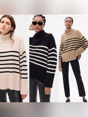 GAP Striped Turtleneck Sweater - Black, Cream